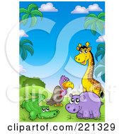 Royalty Free RF Clipart Illustration Of A Giraffe Hippo Vulture And Alligator In A Tropical Landscape by visekart