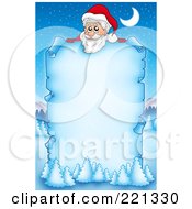 Royalty Free RF Clipart Illustration Of Santa Looking Over A Frozen Blue Parchment Sign With Snow Flocked Trees