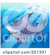 Poster, Art Print Of Chubby Shark Swimming Near A Sunken Ship With Rays Of Sunshine