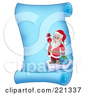 Poster, Art Print Of Santa Standing On Ice By A Bag And Waving On A Frozen Blue Parchment Scroll Page