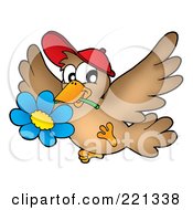 Poster, Art Print Of Brown Bird Wearing A Hat And Carrying A Blue Daisy