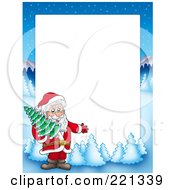 Poster, Art Print Of Christmas Frame Border Of Santa Carrying A Tree With A Winter Landscape Around White Space
