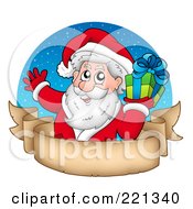 Santa Holding A Gift Over A Blank Parchment Banner And Blue Circle