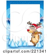 Poster, Art Print Of Dancing Reindeer Border With Flocked Trees Around White Space