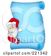Poster, Art Print Of Santa Looking Around The Side Of A Frozen Blue Parchment Scroll Page