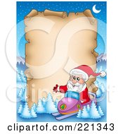 Santa On A Snowmobile By A Blank Aged Parchment Sign Surrounded By Flocked Trees