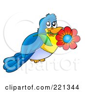 Poster, Art Print Of Blue Bird Holding A Flower In His Mouth