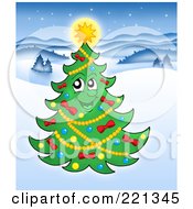 Royalty Free RF Clipart Illustration Of A Happy Xmas Tree Character With A Glowing Star In A Winter Landscape