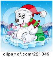 Poster, Art Print Of Polar Bear On Ice With A Tree And Christmas Gifts Over A Winter Landscape