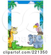 Royalty Free RF Clipart Illustration Of A Border Frame Of A Giraffe Vulture Alligator And Elephant Around White Space by visekart