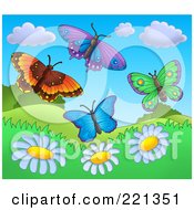 Royalty Free RF Clipart Illustration Of Four Butterflies Above Daisy Hills