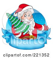 Santa Carrying A Tree Over A Blank Frozen Parchment Banner And Blue Circle