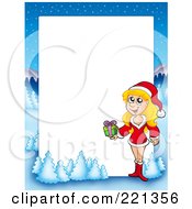 Poster, Art Print Of Christmas Frame Border Of A Woman Holding A Gift With A Winter Landscape Around White Space