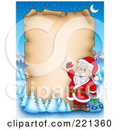 Royalty Free RF Clipart Illustration Of Santa Waving In Front Of A Blank Aged Parchment Sign Surrounded By Flocked Trees