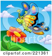 Royalty Free RF Clipart Illustration Of A Happy Butterfly By A Red Daisy 2
