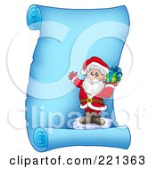 Poster, Art Print Of Santa Standing On Ice And Holding A Gift On A Frozen Blue Parchment Scroll Page