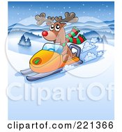 Red Nosed Reindeer Riding A Snowmobile In A Winter Landscape