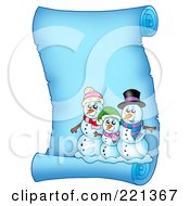 Poster, Art Print Of Snowman Family On A Frozen Blue Parchment Scroll Page