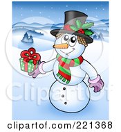 Poster, Art Print Of Christmas Snowman Wearing A Top Hat And Holding A Gift In A Winter Landscape