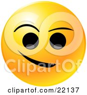 Yellow Emoticon Face With Big Black Eyes And Eyebrows With A Crooked Smile