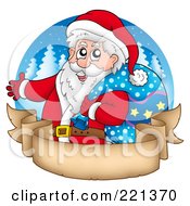 Santa Carrying A Sack Over A Blank Parchment Banner And Blue Circle