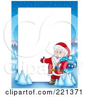 Poster, Art Print Of Christmas Frame Border Of Santa Presenting With A Sack With A Winter Landscape Around White Space