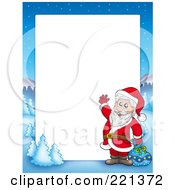 Poster, Art Print Of Christmas Frame Border Of Santa Waving With A Sack With A Winter Landscape Around White Space