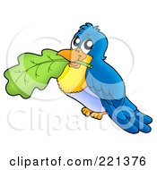 Poster, Art Print Of Blue Bird Holding A Leaf In His Mouth