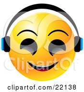 Poster, Art Print Of Yellow Emoticon Face With Big Black Eyes Smiling And Wearing Headphones Listenting To Tunes