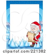 Poster, Art Print Of Christmas Frame Border Of Santa Reading A List With A Winter Landscape Around White Space