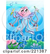 Royalty Free RF Clipart Illustration Of A Happy Pink Jellyfish Holding Colored Pencils by visekart
