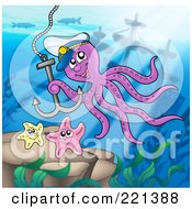 Royalty Free RF Clipart Illustration Of A Captain Octopus With An Anchor At The Bottom Of The Sea by visekart