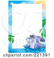 Poster, Art Print Of Frame Border Of A Grinning Shark Popping Out Of The Water Around White Space