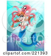 Poster, Art Print Of Happy Mermaid Swimming With An Octopus