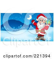 Poster, Art Print Of Santa Holding A Gift And Waving In A Winter Landscape