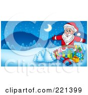 Poster, Art Print Of Santa Surrounded By Gifts And Flocked Trees In A Winter Landscape