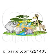 Royalty Free RF Clipart Illustration Of A Busy Watering Hole With African Animals By A Tree