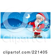 Royalty Free RF Clipart Illustration Of Santa Carrying A Sack And Presenting In A Winter Landscape