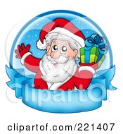 Santa Holding A Gift Over A Blue Circle And Frozen Parchment Banner