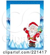 Poster, Art Print Of Christmas Frame Border Of Santa And A Present With A Winter Landscape Around White Space