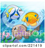 Poster, Art Print Of Two Marine Fish And A Ray Swimming By A Reef
