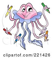 Royalty Free RF Clipart Illustration Of A Cute Pink Jellyfish Holding Colored Pencils by visekart
