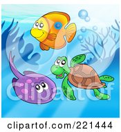 Poster, Art Print Of Fish Sea Turtle And Ray By A Reef