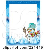 Poster, Art Print Of Christmas Frame Border Of A Winter Landscape And Snowman Around White Space
