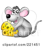Poster, Art Print Of Cute Gray Mouse Moving A Wedge Of Cheese