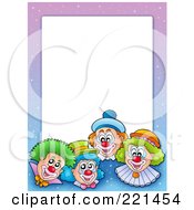 Poster, Art Print Of Border Of Four Happy Clown Faces Around Purple And White Space