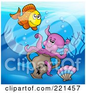 Poster, Art Print Of Happy Fish And An Octopus By A Sunken Vase