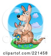 Poster, Art Print Of Mother And Baby Kangaroo With Blue Daisies