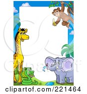 Poster, Art Print Of Border Of A Giraffe Snake Elephant And Monkey Around White Space