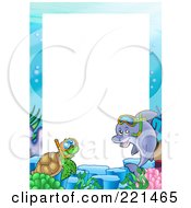 Poster, Art Print Of Frame Of A Snorkeling Dolphin And Sea Turtle Around White Space